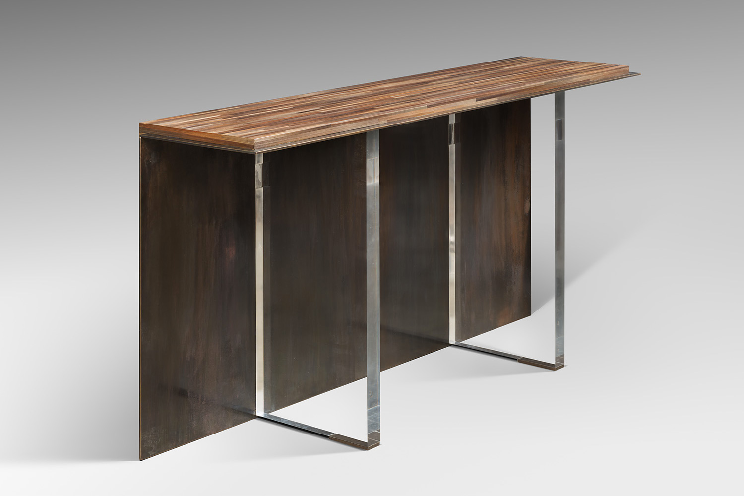 Straw marquetry “L” console