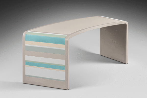 Curved desk in leather marquetry